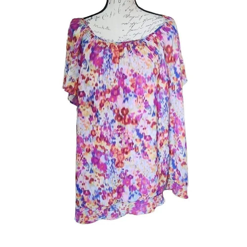 CJ Banks Ladies Pink Multicolored Short Sleeve Blouse - Size 2X